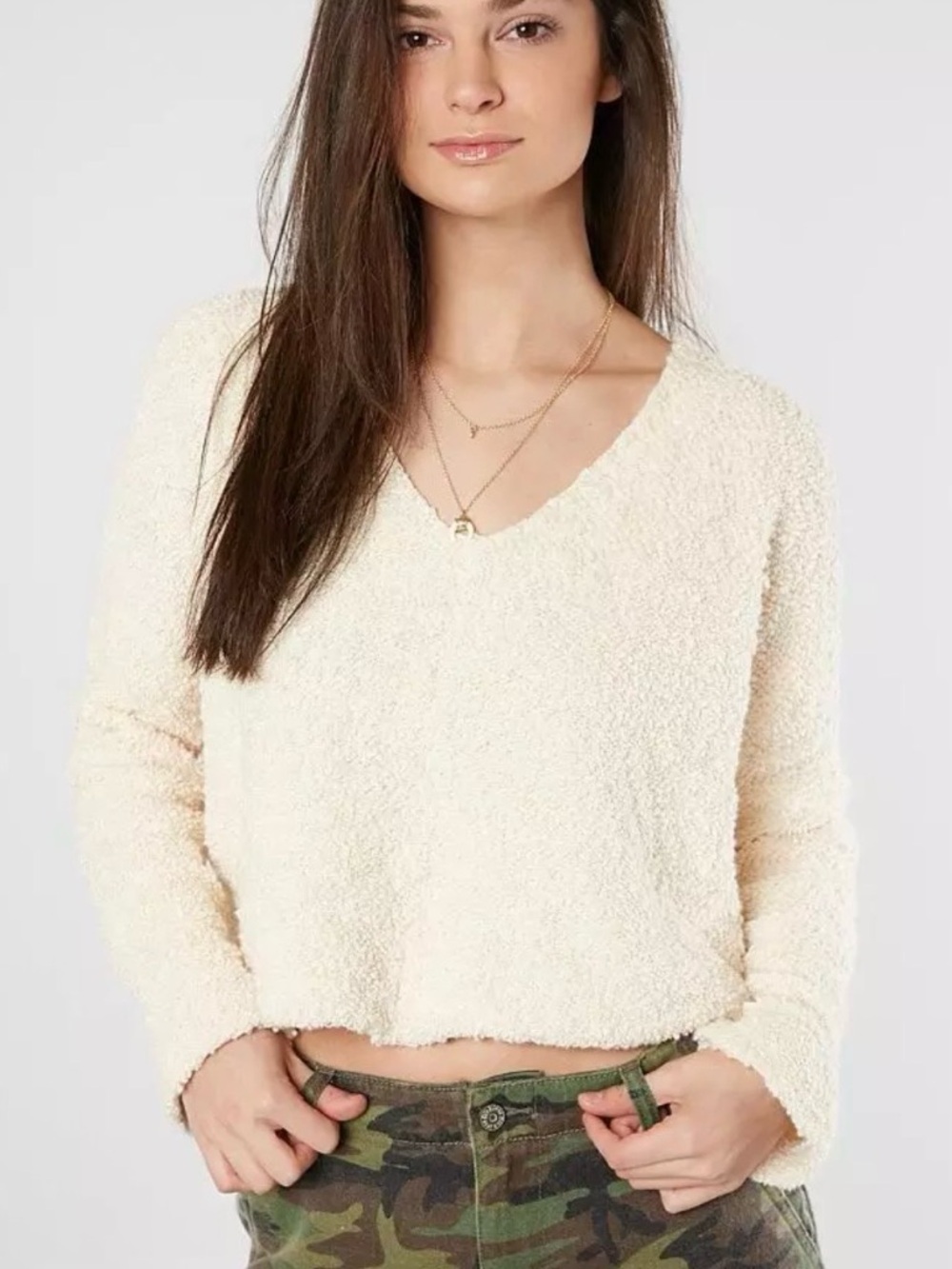 NWT Free People Popcorn Crop Sweater M Cream V-neck Long Sleeve Cotton Textured